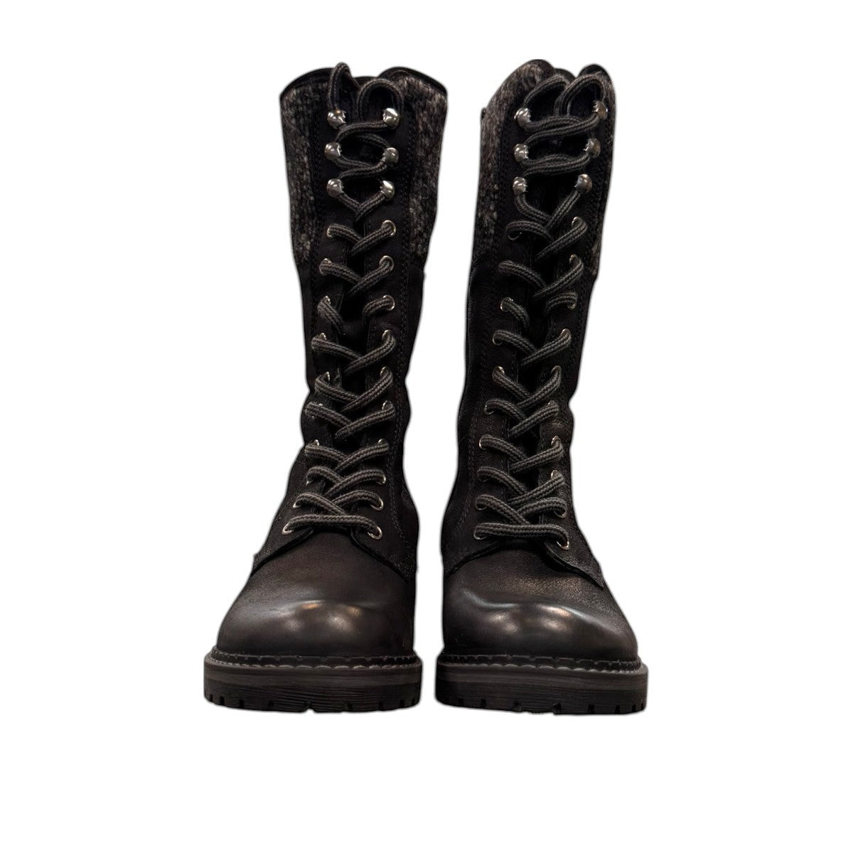 Biotime Taya black leather tall lace-up boots with a warm wool lining and durable lug sole.