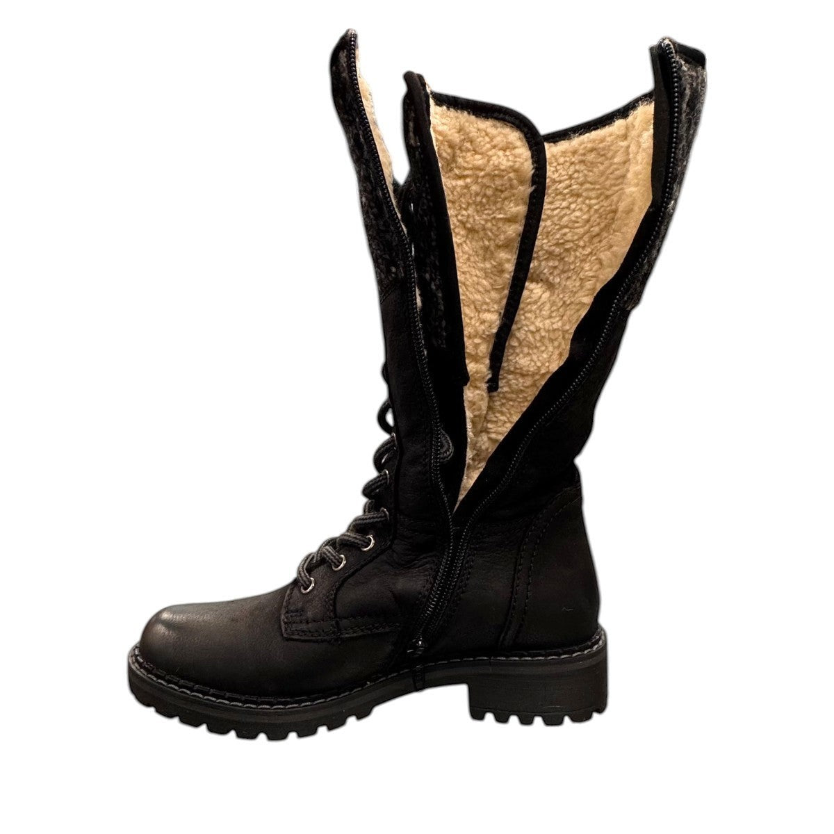 Biotime Taya black leather tall lace-up boots with a warm wool lining and durable lug sole.