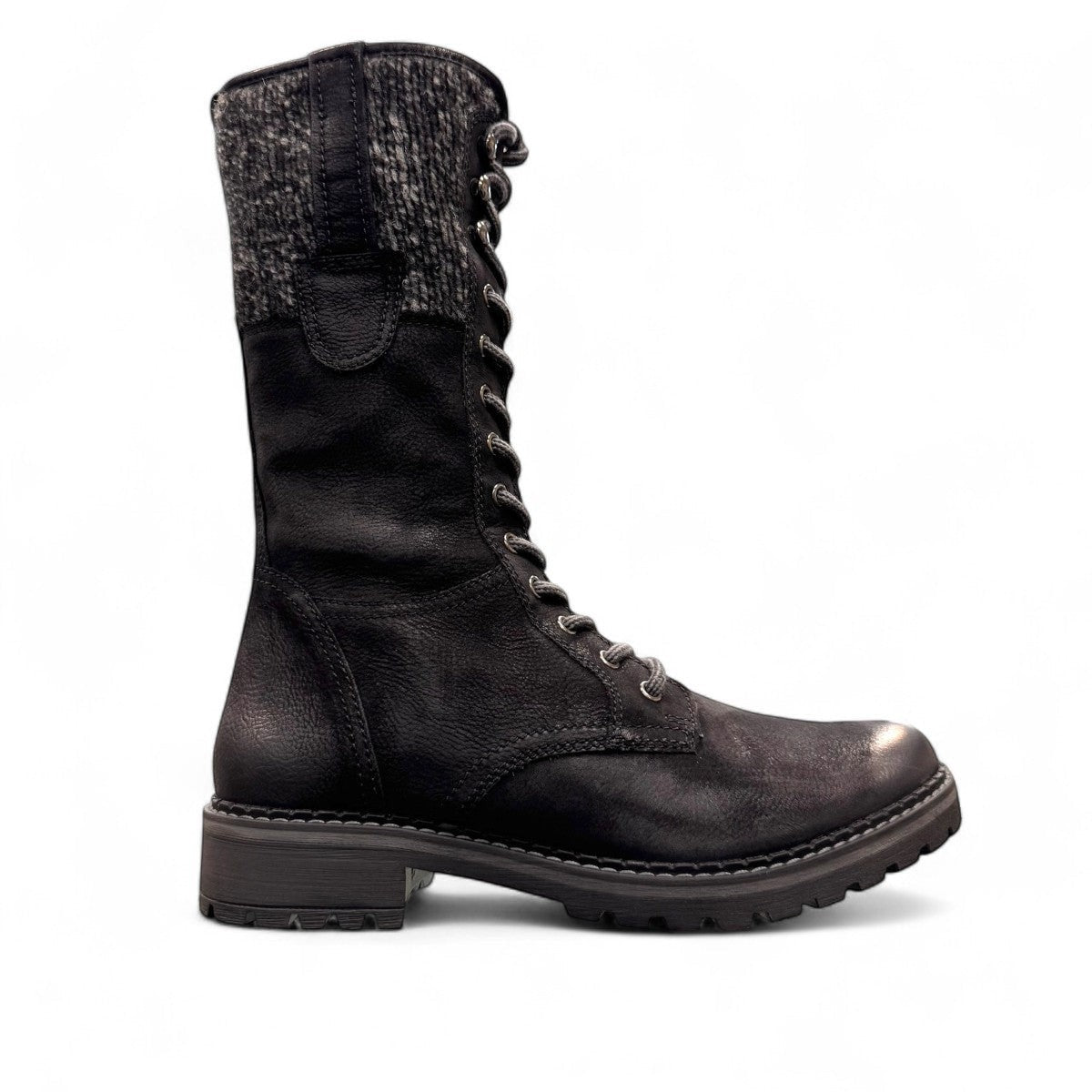 Biotime Taya black leather tall lace-up boots with a warm wool lining and durable lug sole.