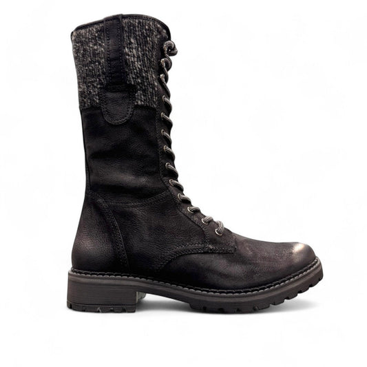Biotime Taya black leather tall lace-up boots with a warm wool lining and durable lug sole.