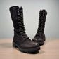 Biotime Taya black leather tall lace-up boots with a warm wool lining and durable lug sole.