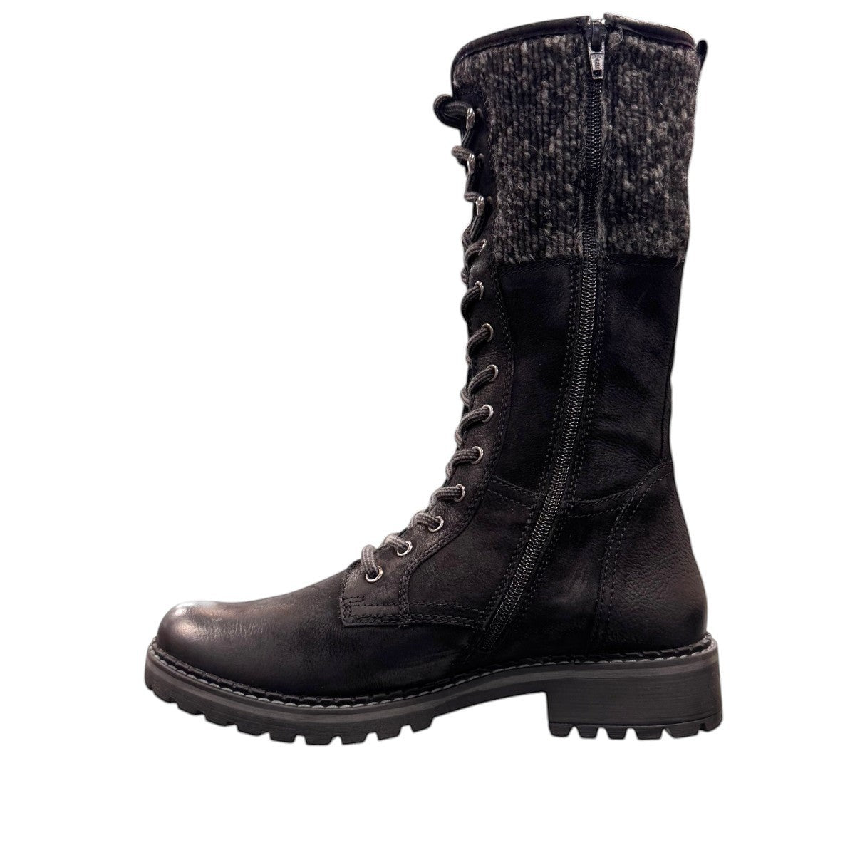 Biotime Taya black leather tall lace-up boots with a warm wool lining and durable lug sole.