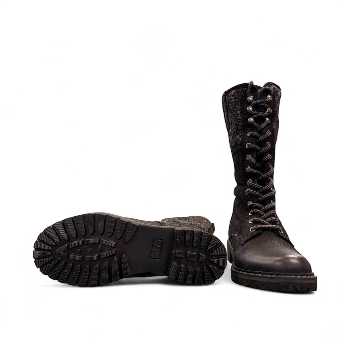 Biotime Taya black leather tall lace-up boots with a warm wool lining and durable lug sole.