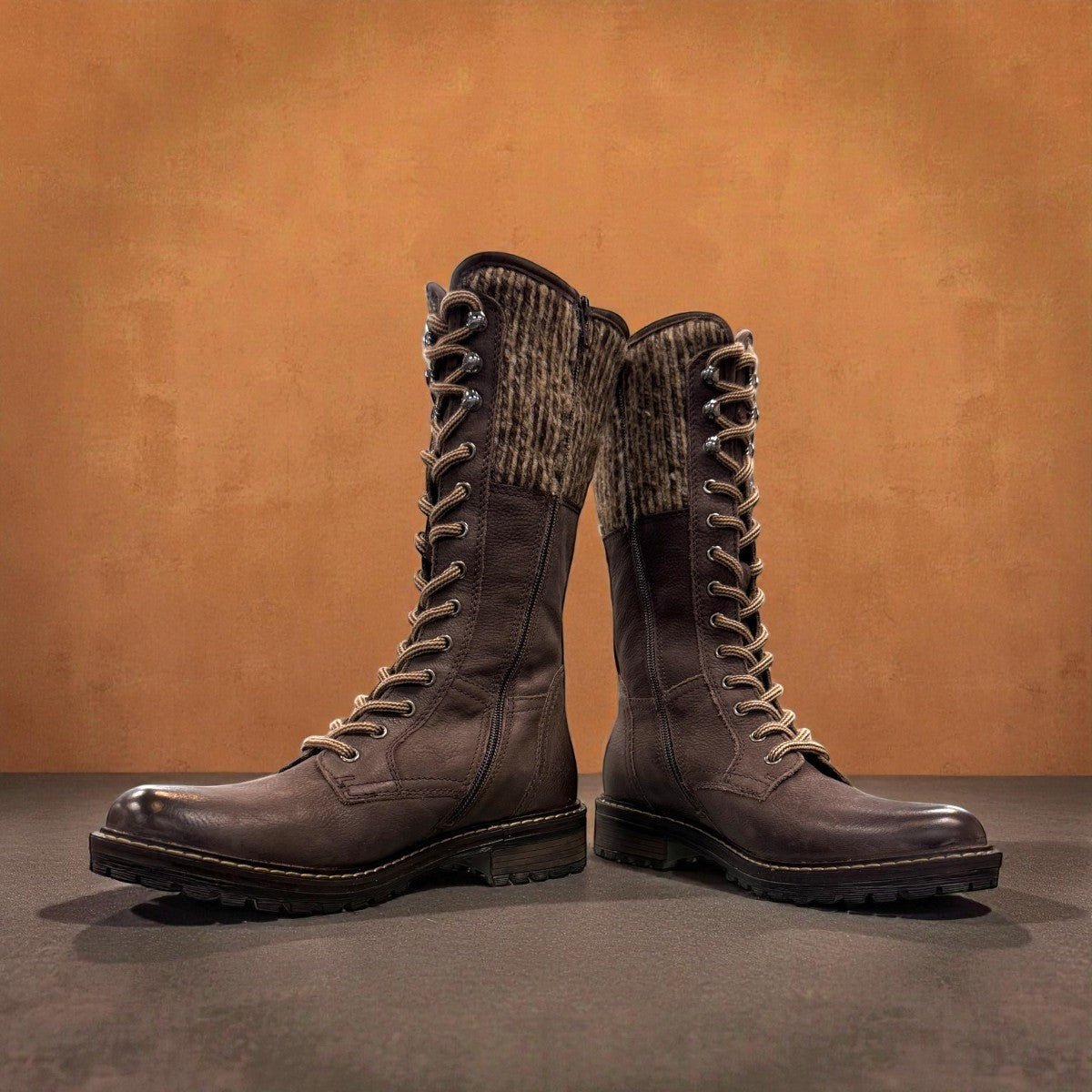 Biotime Taya brown leather tall lace-up boots with a durable TPR outsole and warm wool lining.