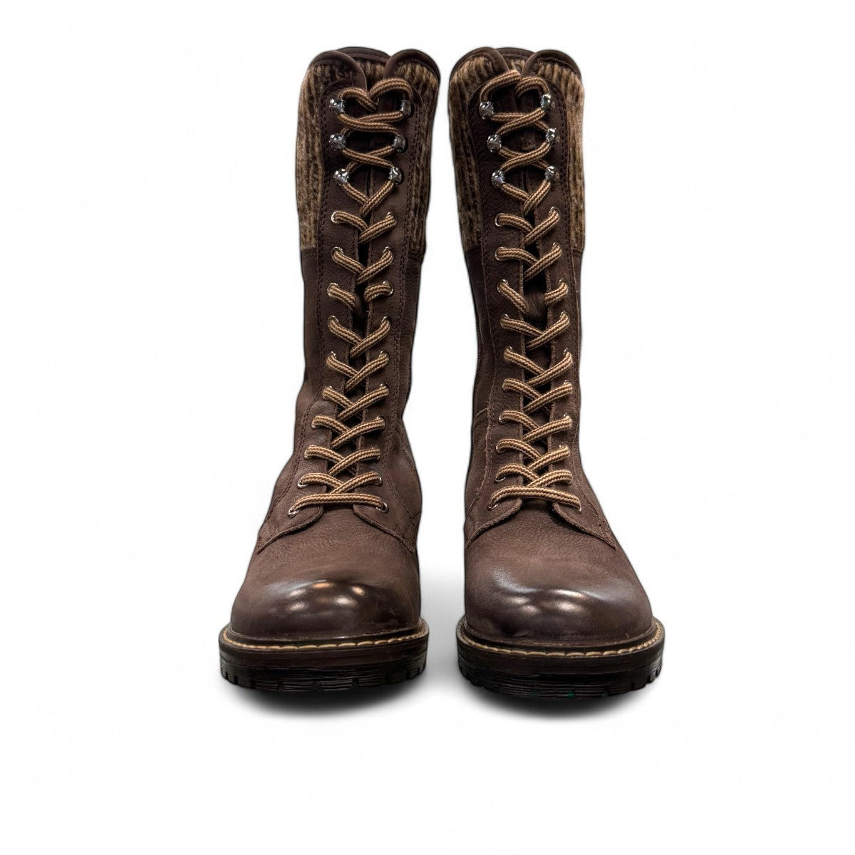 Biotime Taya brown leather tall lace-up boots with a durable TPR outsole and warm wool lining.