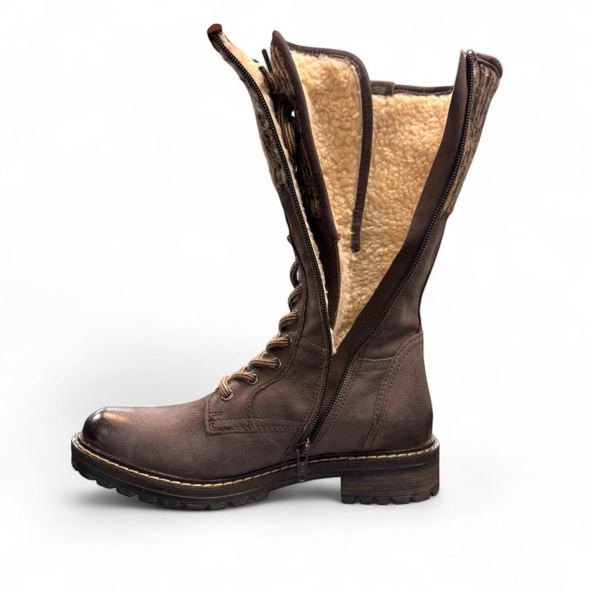 Biotime Taya brown leather tall lace-up boots with a durable TPR outsole and warm wool lining.