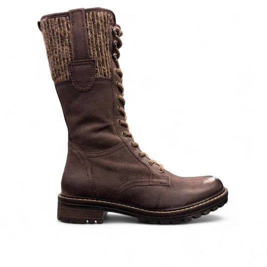 Biotime Taya brown leather tall lace-up boots with a durable TPR outsole and warm wool lining.