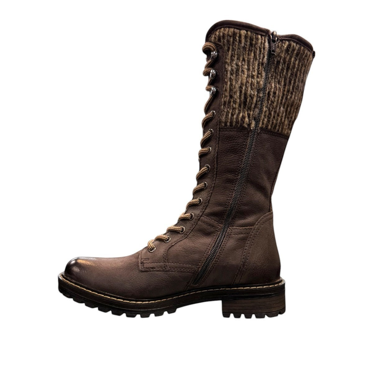 Biotime Taya brown leather tall lace-up boots with a durable TPR outsole and warm wool lining.