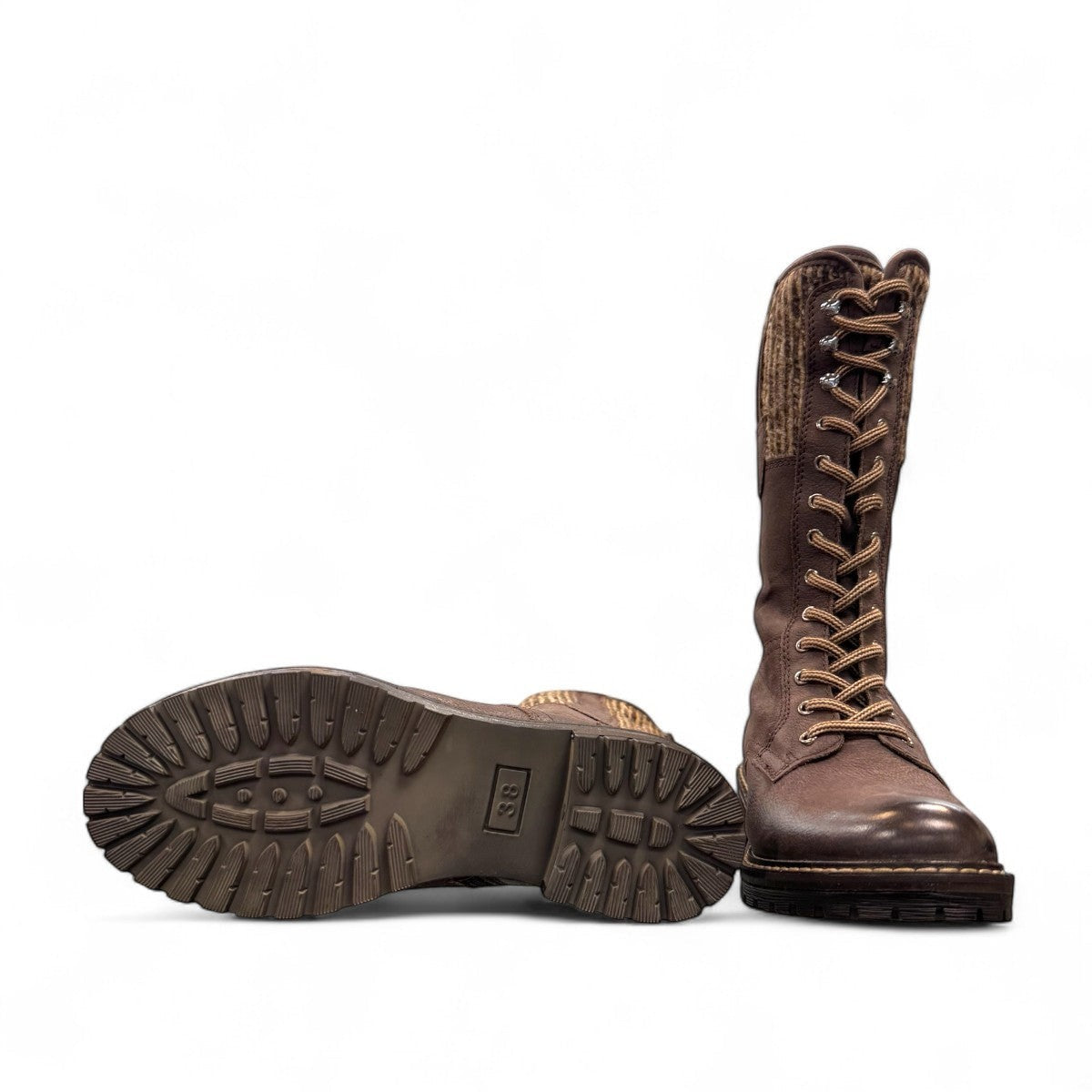 Biotime Taya brown leather tall lace-up boots with a durable TPR outsole and warm wool lining.