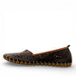 Biza Sophie black leather slip-on loafer with laser cut floral detailing and handstitched moccasin sole