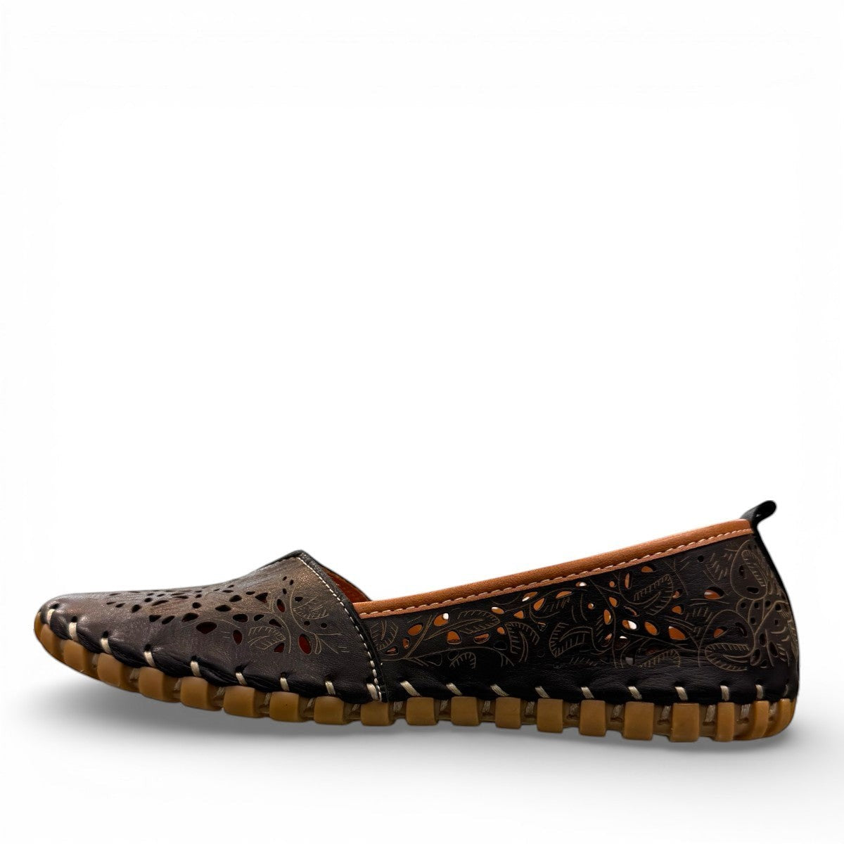 Biza Sophie black leather slip-on loafer with laser cut floral detailing and handstitched moccasin sole