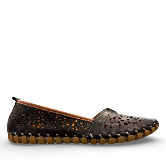 Biza Sophie black leather slip-on loafer with laser cut floral detailing and handstitched moccasin sole