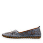 Biza Sophie denim blue leather slip-on loafer with laser cut floral detailing and moccasin stitching