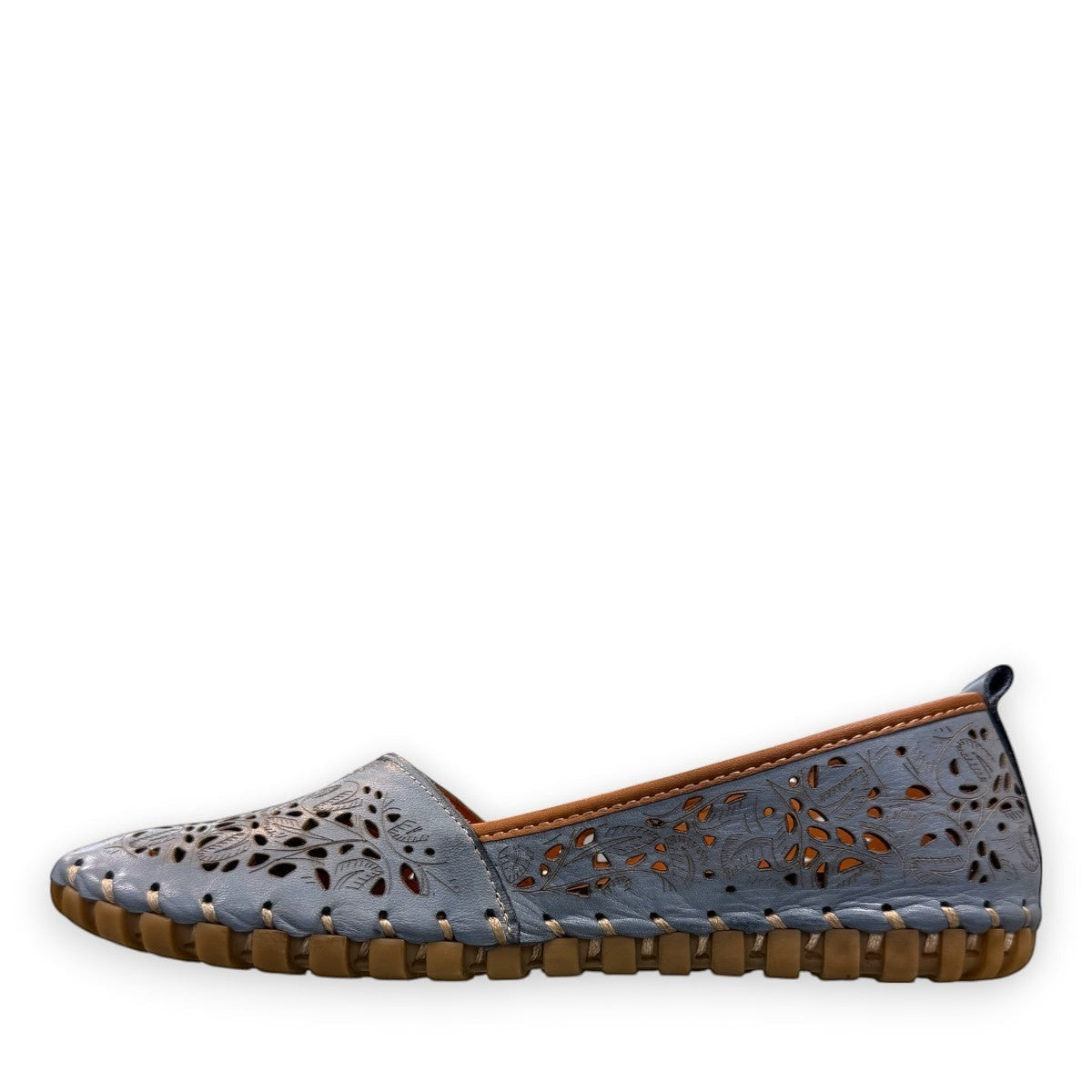 Biza Sophie denim blue leather slip-on loafer with laser cut floral detailing and moccasin stitching