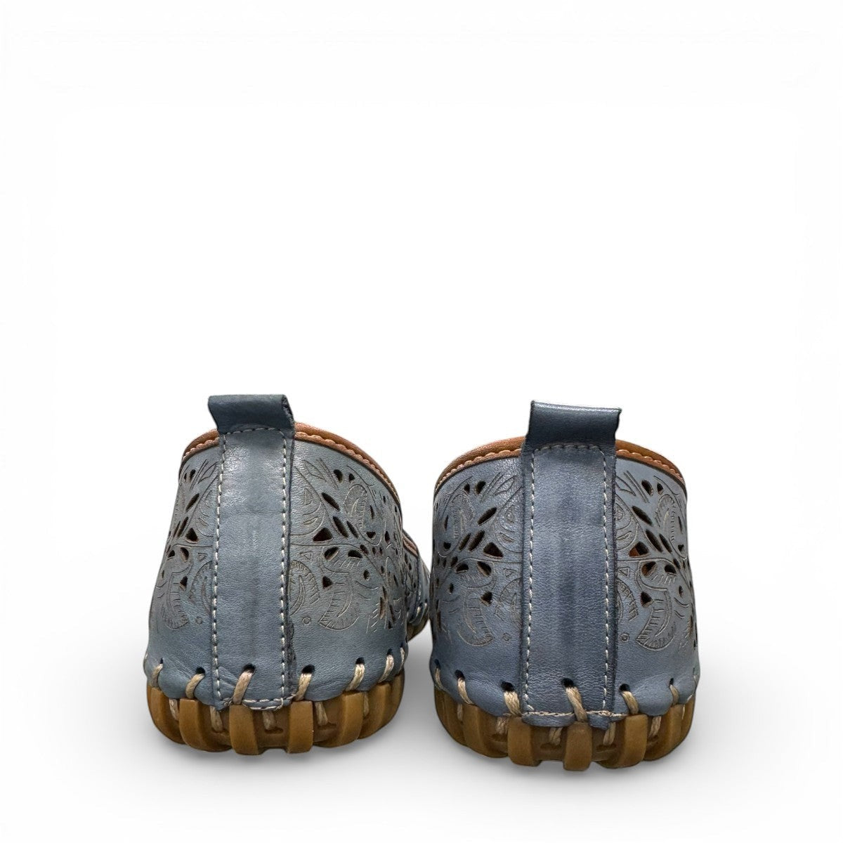 Biza Sophie denim blue leather slip-on loafer with laser cut floral detailing and moccasin stitching