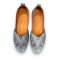 Biza Sophie denim blue leather slip-on loafer with laser cut floral detailing and moccasin stitching