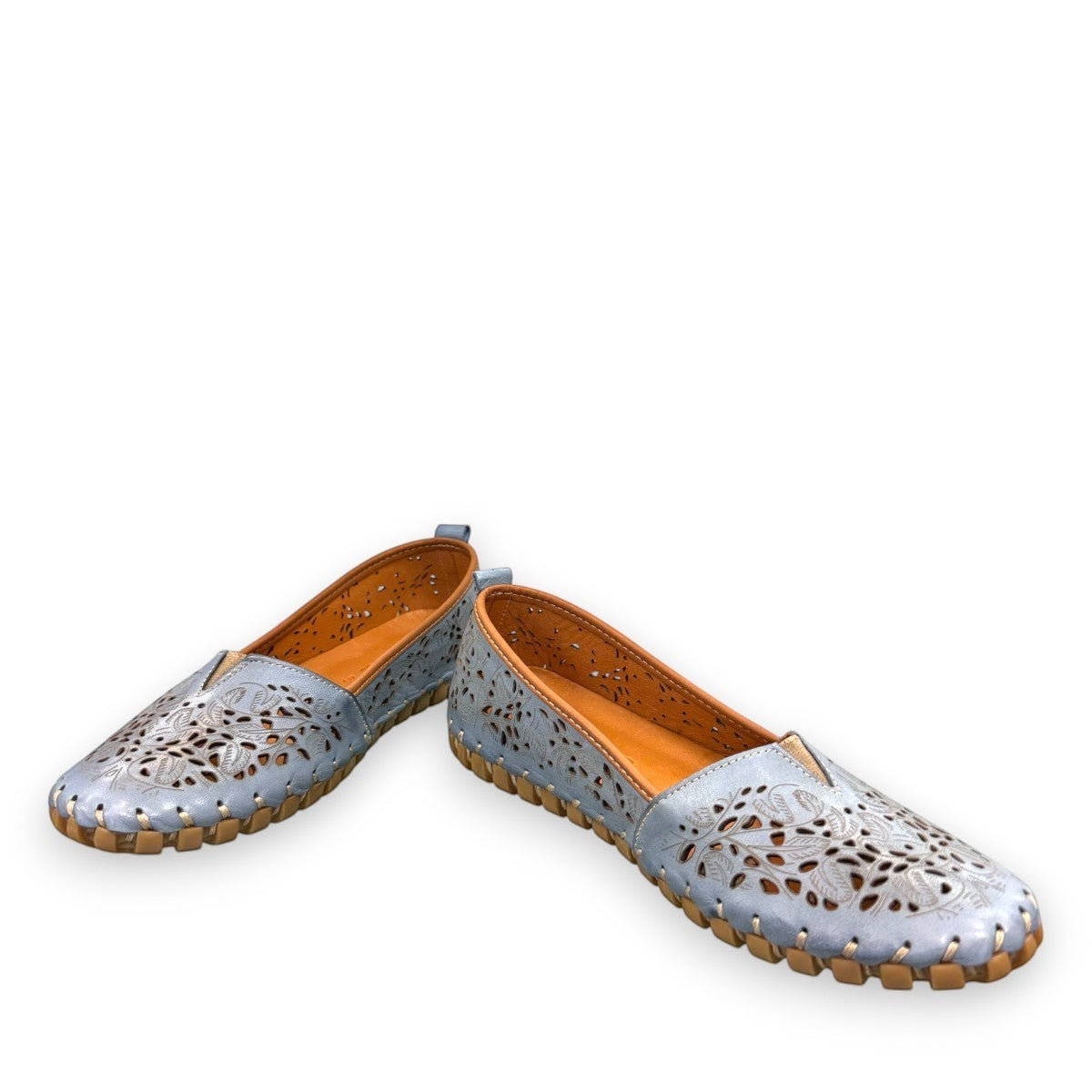 Biza Sophie denim blue leather slip-on loafer with laser cut floral detailing and moccasin stitching