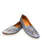 Biza Sophie denim blue leather slip-on loafer with laser cut floral detailing and moccasin stitching