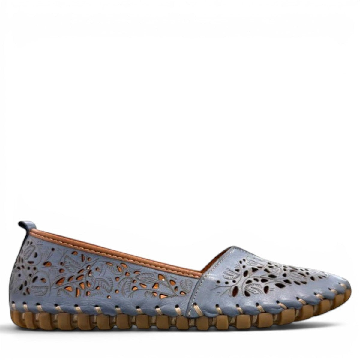 Biza Sophie denim blue leather slip-on loafer with laser cut floral detailing and moccasin stitching