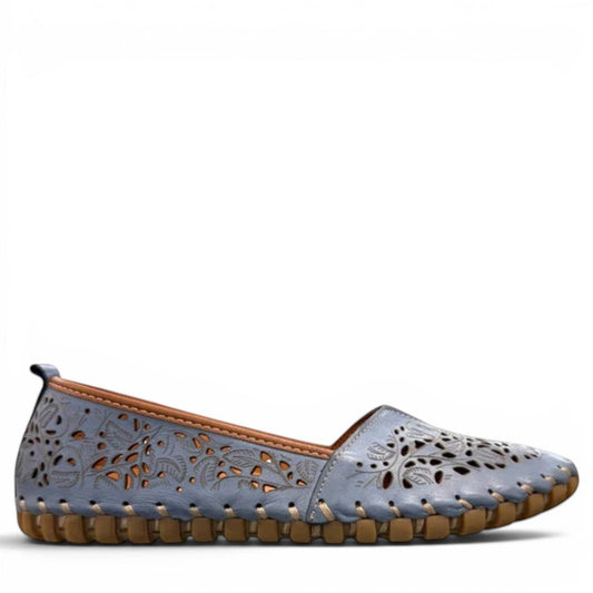 Biza Sophie denim blue leather slip-on loafer with laser cut floral detailing and moccasin stitching