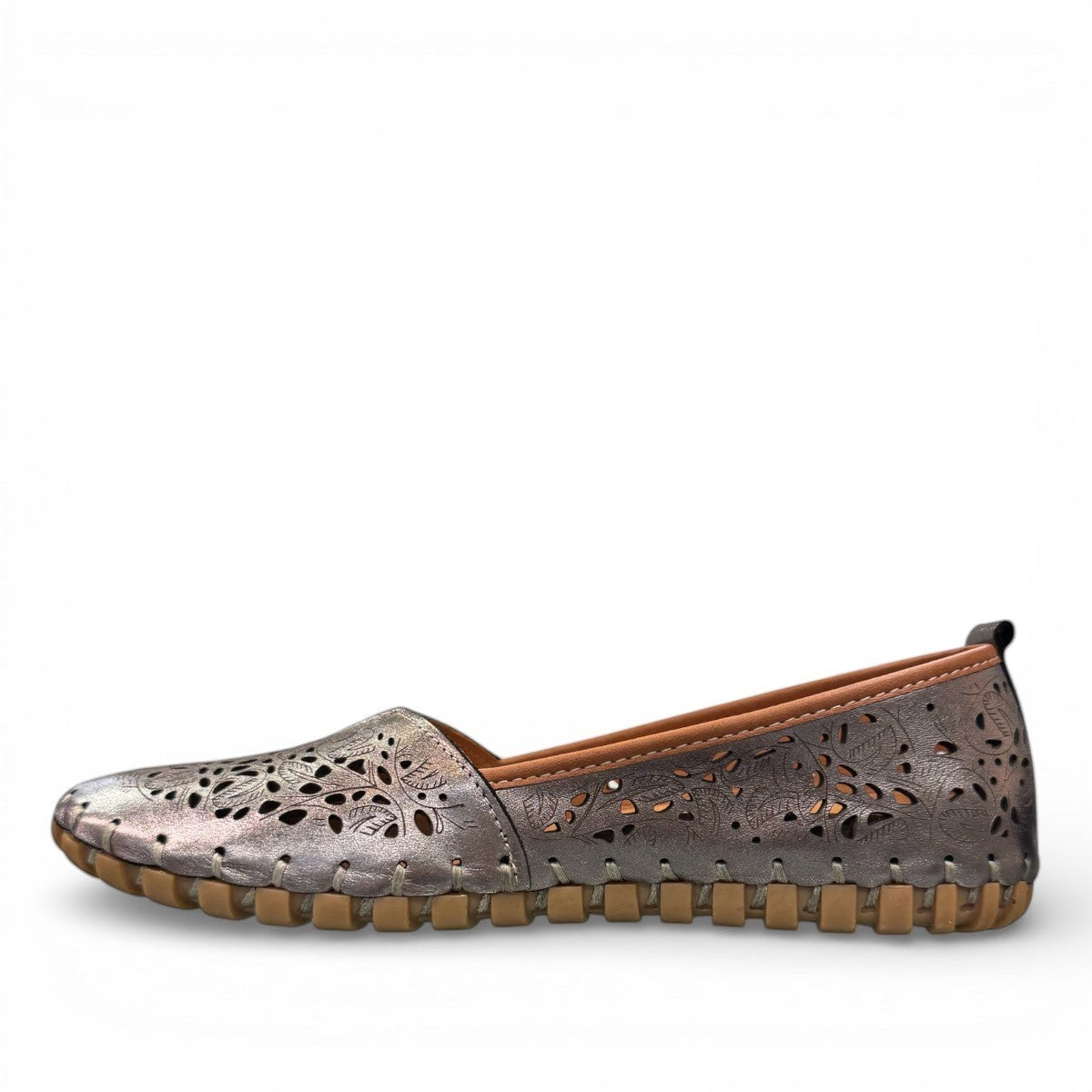 Biza Sophie pewter leather slip-on loafer with laser-cut floral detailing and handstitched construction.