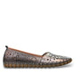 Biza Sophie pewter leather slip-on loafer with laser-cut floral detailing and handstitched construction.