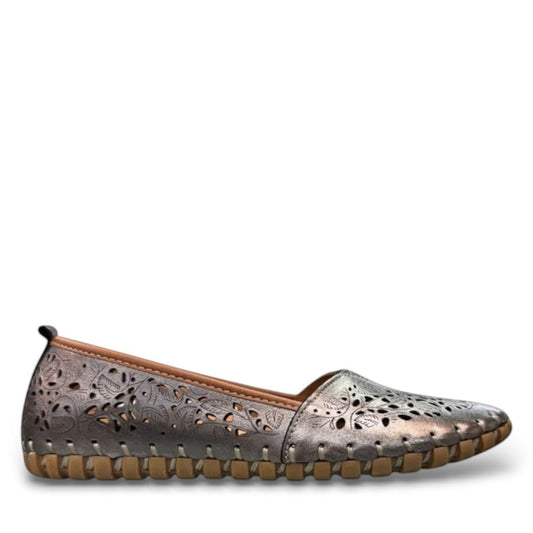 Biza Sophie pewter leather slip-on loafer with laser-cut floral detailing and handstitched construction.