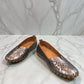 Biza Sophie pewter leather slip-on loafer with laser-cut floral detailing and handstitched construction.