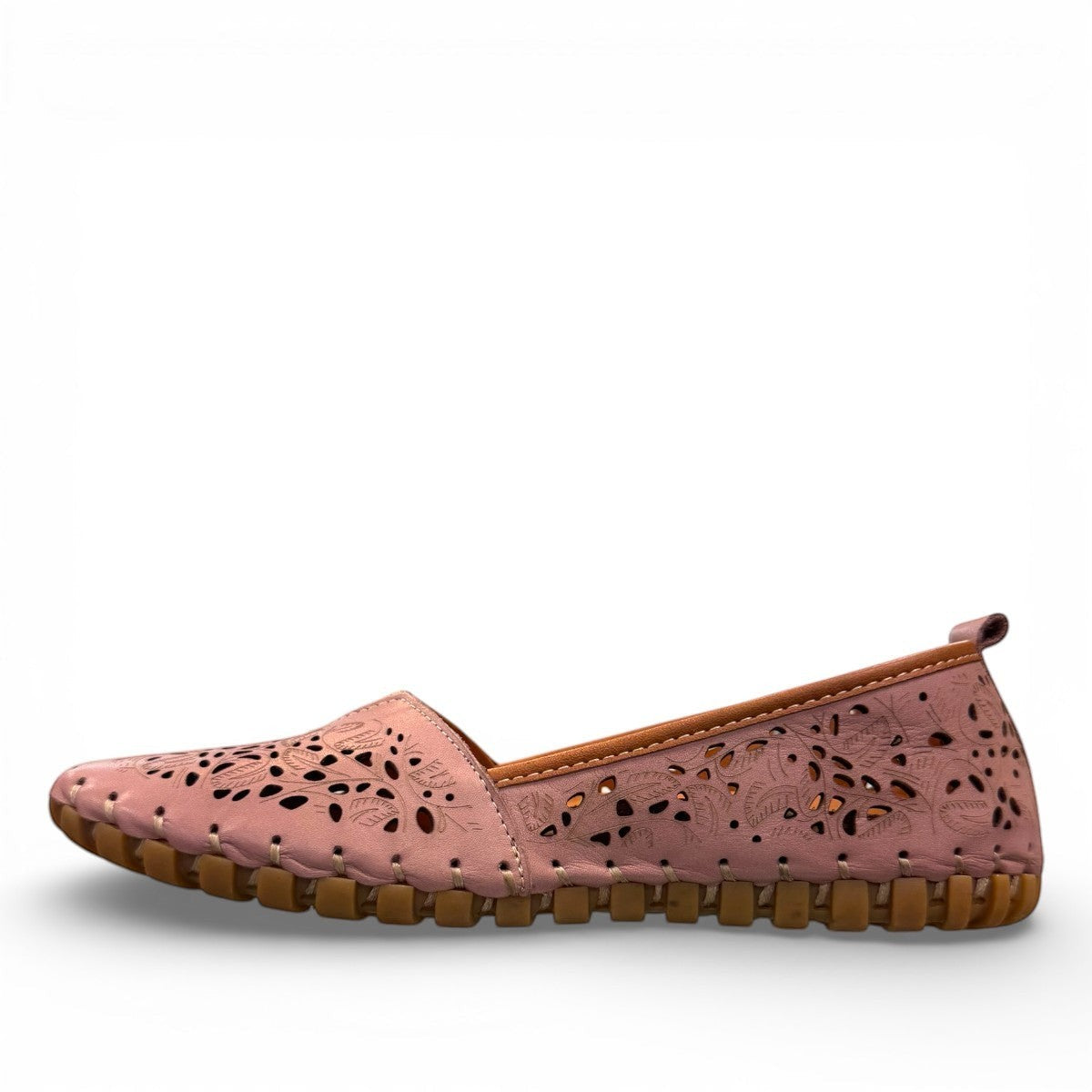 Biza Sophie rose pink leather slip-on loafer with laser cut floral detailing and handstitched sole