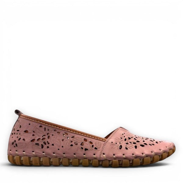 Biza Sophie rose pink leather slip-on loafer with laser cut floral detailing and handstitched sole