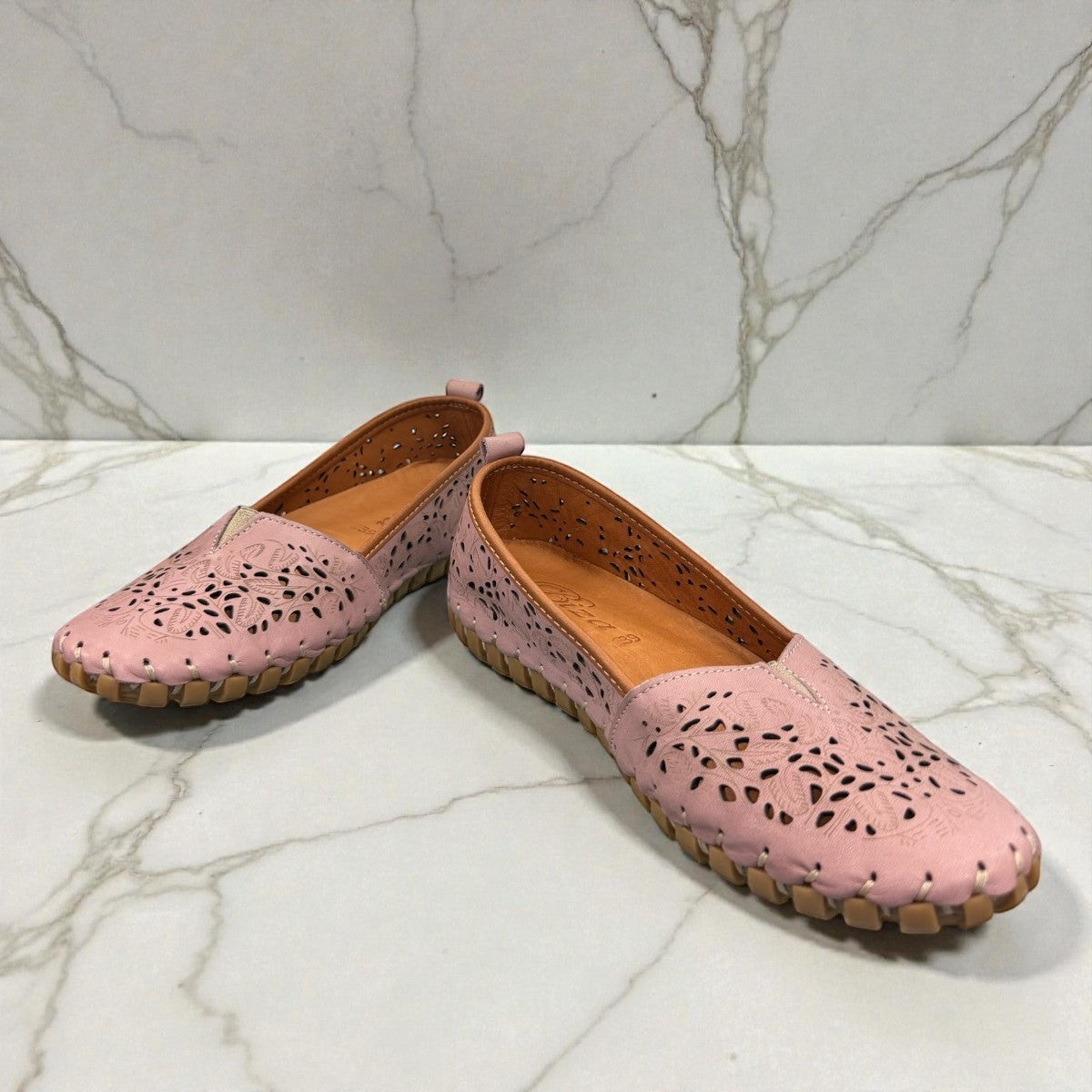 Biza Sophie rose pink leather slip-on loafer with laser cut floral detailing and handstitched sole