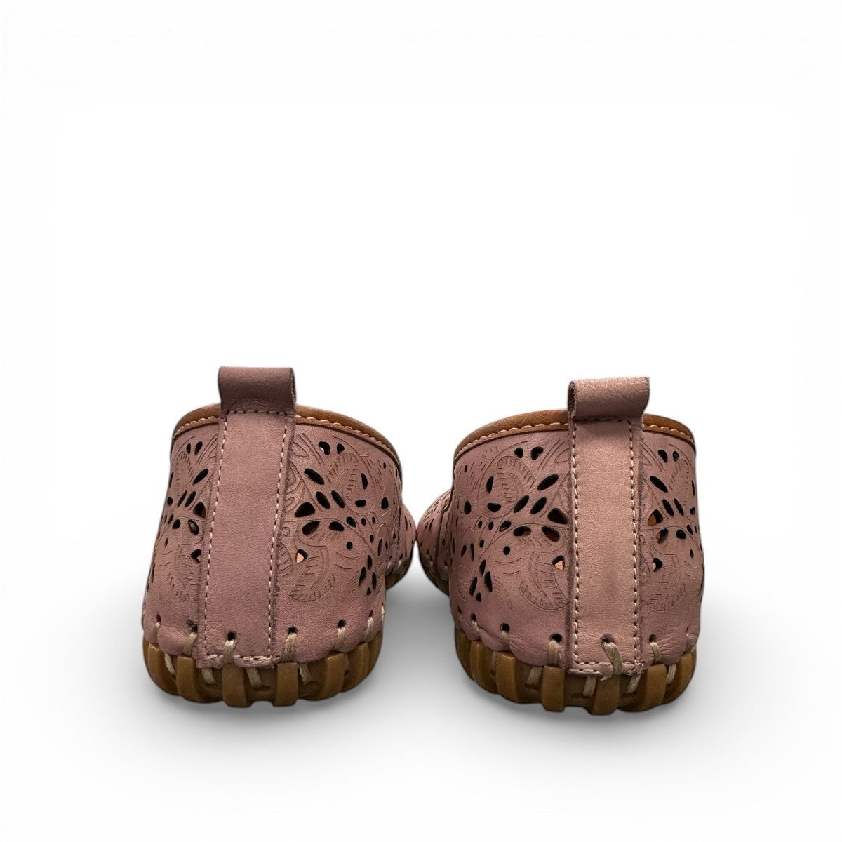 Biza Sophie rose pink leather slip-on loafer with laser cut floral detailing and handstitched sole