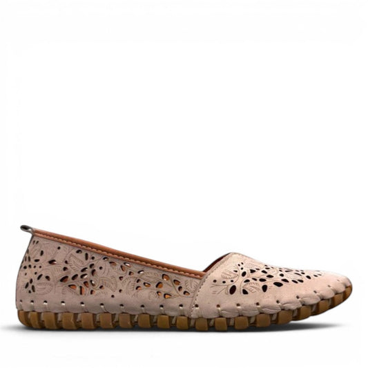 Biza Sophie silver grey leather slip-on loafer with laser cut floral detailing and moccasin stitching