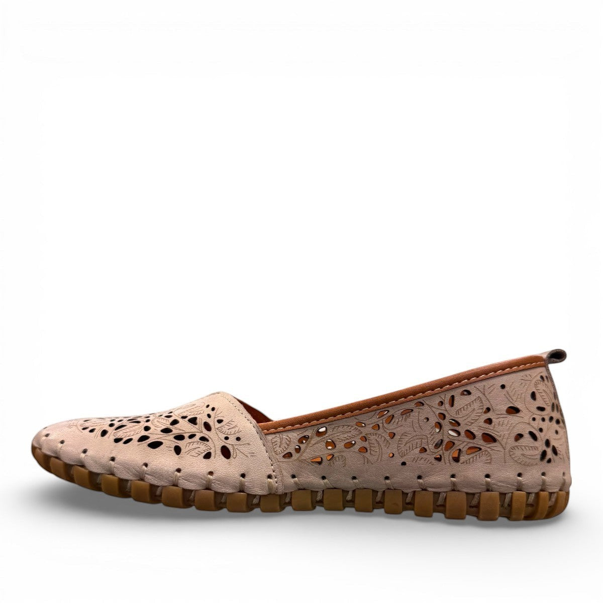 Biza Sophie silver grey leather slip-on loafer with laser cut floral detailing and moccasin stitching