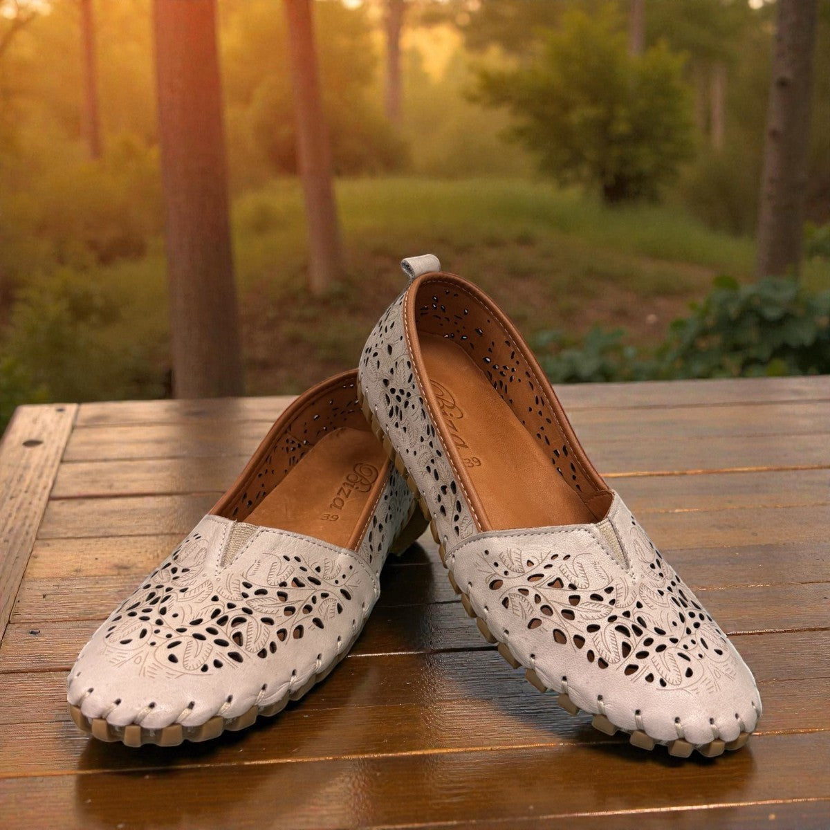 Biza Sophie silver grey leather slip-on loafer with laser cut floral detailing and moccasin stitching