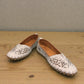 Biza Sophie silver grey leather slip-on loafer with laser cut floral detailing and moccasin stitching