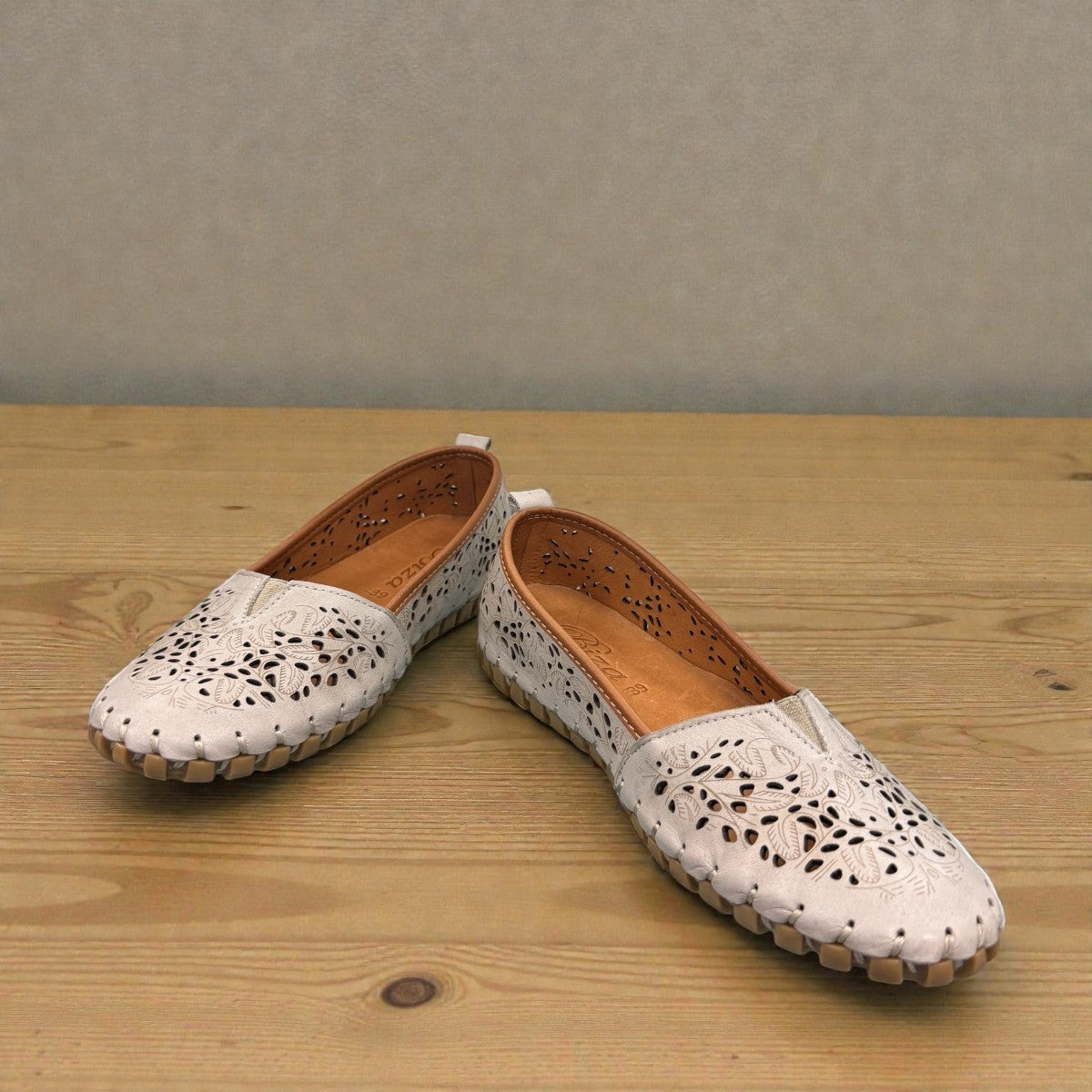 Biza Sophie silver grey leather slip-on loafer with laser cut floral detailing and moccasin stitching