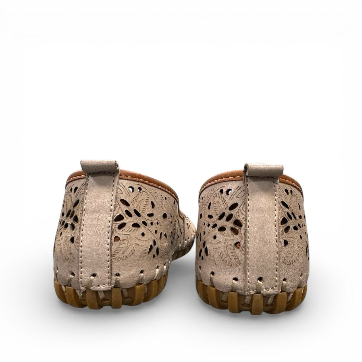 Biza Sophie silver grey leather slip-on loafer with laser cut floral detailing and moccasin stitching