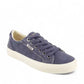 Taos Plim Soul blue wash canvas sneaker with thick rubber platform and decorative zigzag stitching. Photo of front view.