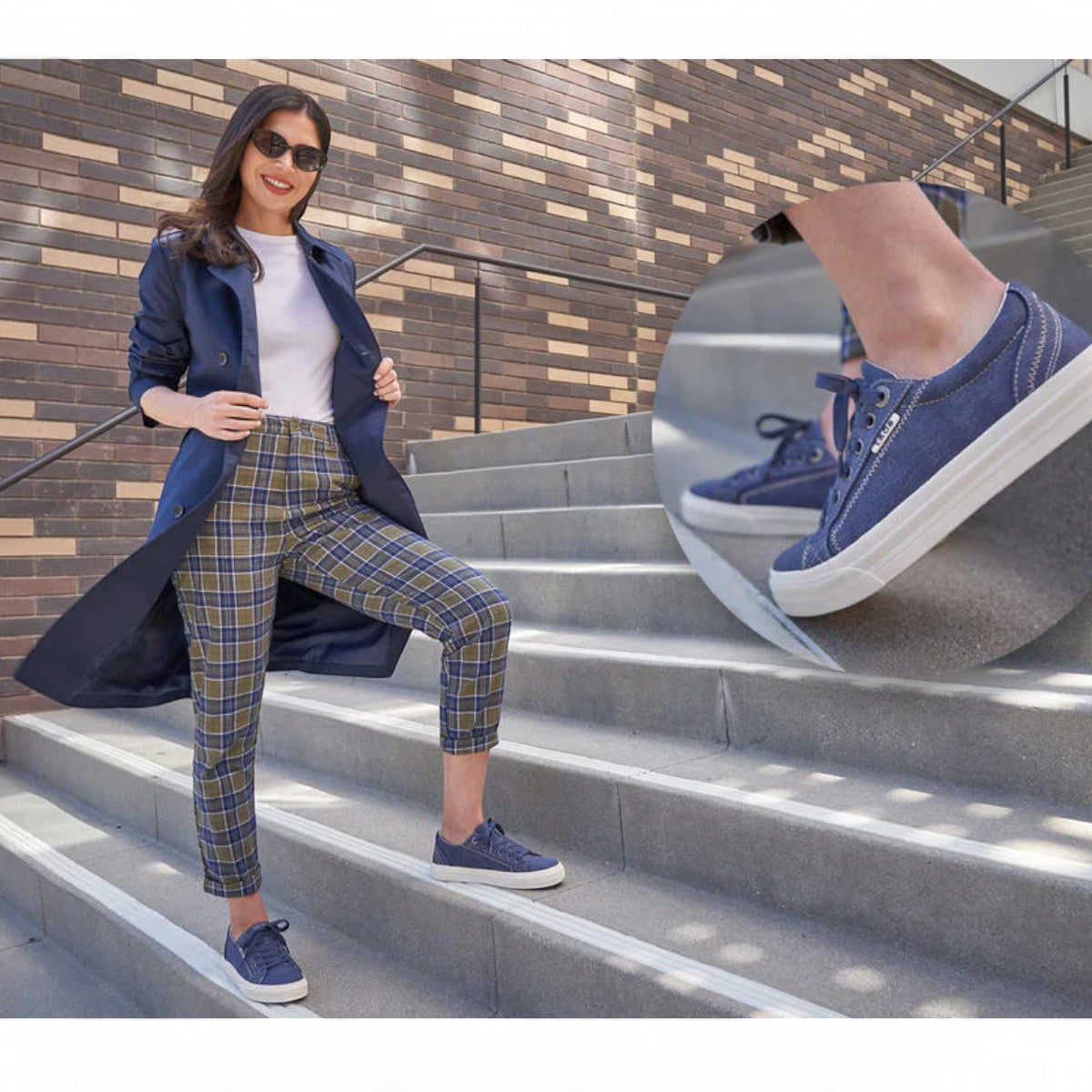 Taos Plim Soul blue wash canvas sneaker with thick rubber platform and decorative zigzag stitching. Photo of  back view.
