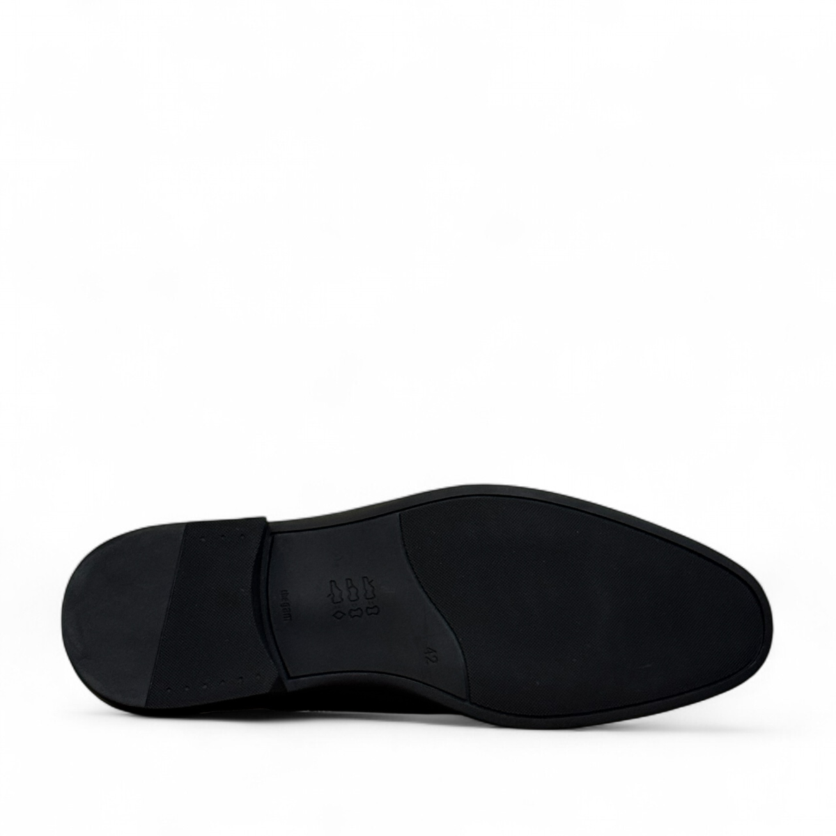 Borna Barbod black leather slip-on dress shoes for men with a durable rubber outsole. Photo of bottom view.