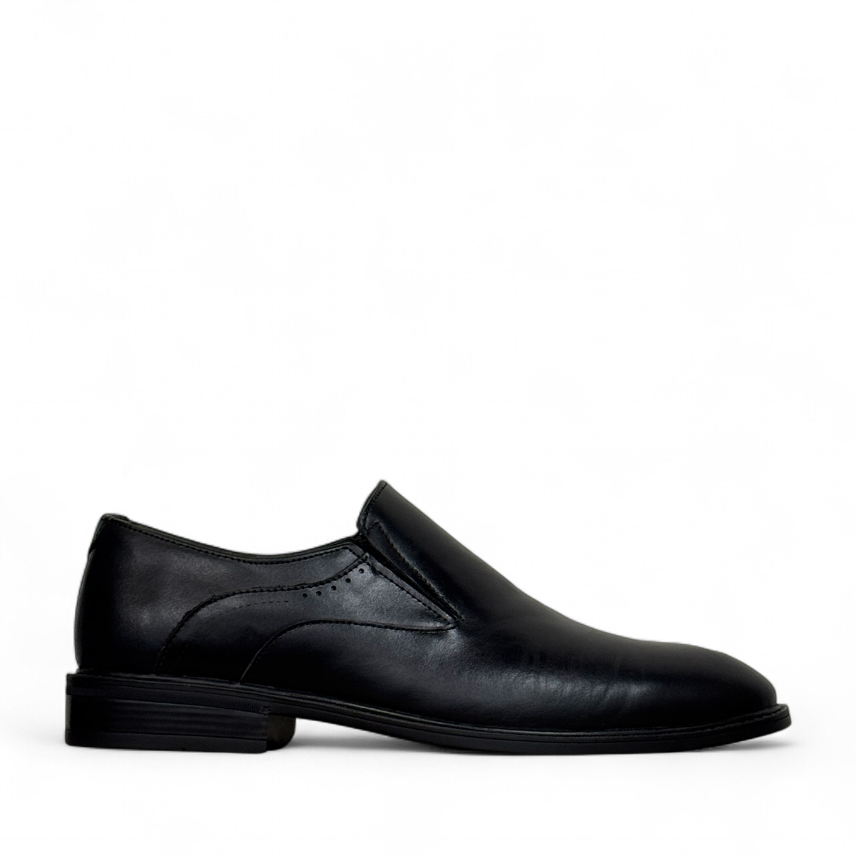 Borna Barbod black leather slip-on dress shoes for men with a durable rubber outsole. Photo of right side view.
