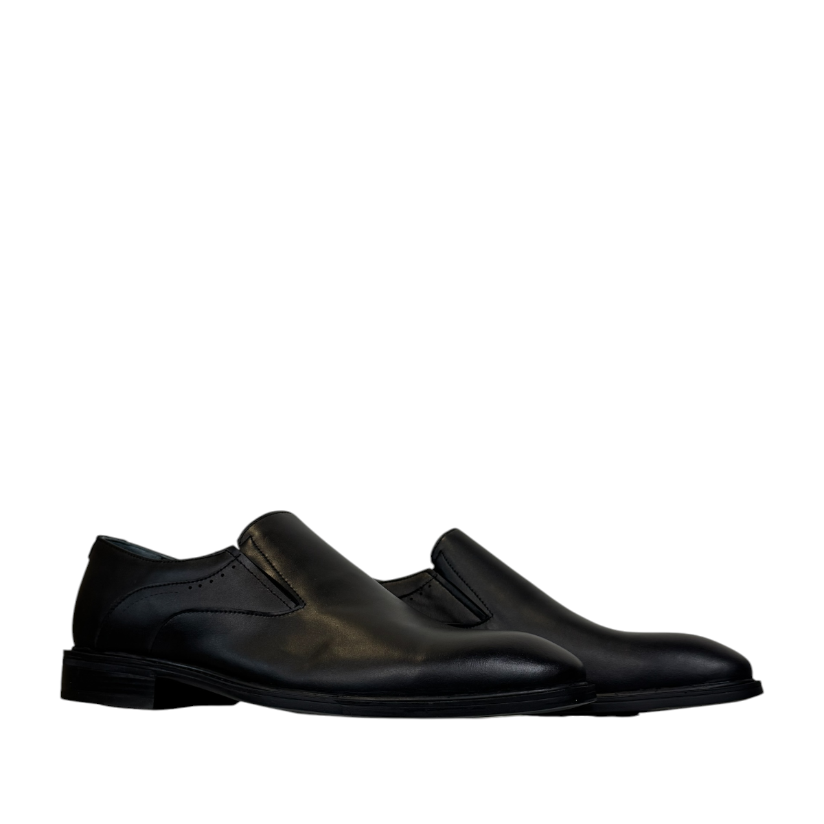 Borna Barbod black leather slip-on dress shoes for men with a durable rubber outsole. Photo of side views.