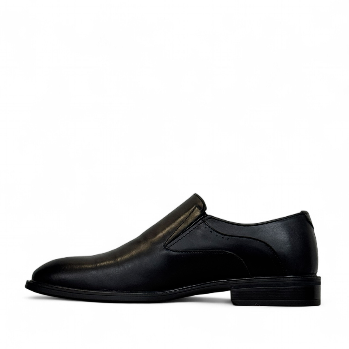 Borna Barbod black leather slip-on dress shoes for men with a durable rubber outsole. Photo of left side view.