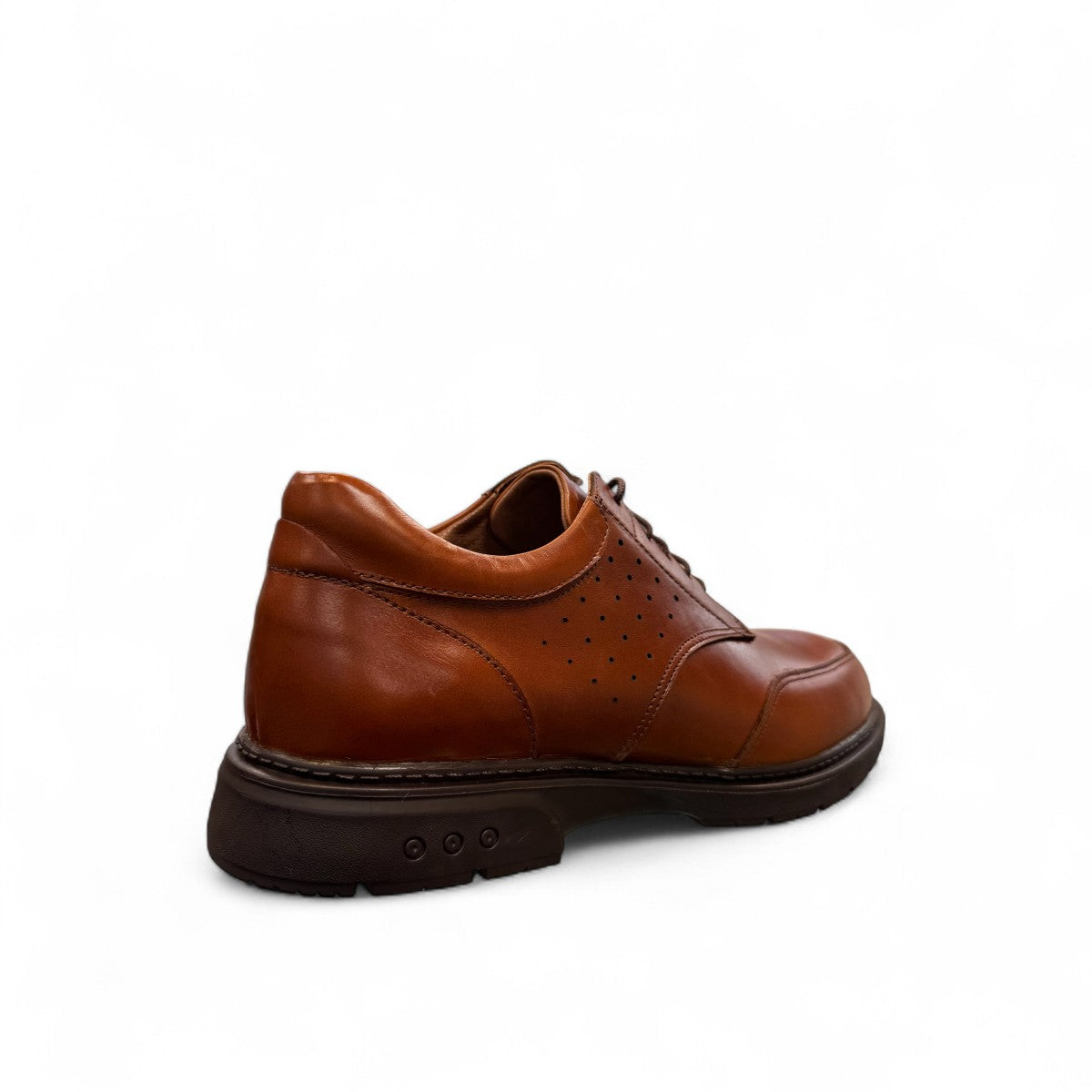 BORNA BORNA brown leather men's dress shoes with perforated side detailing and a durable rubber outsole. Photo of back side view.