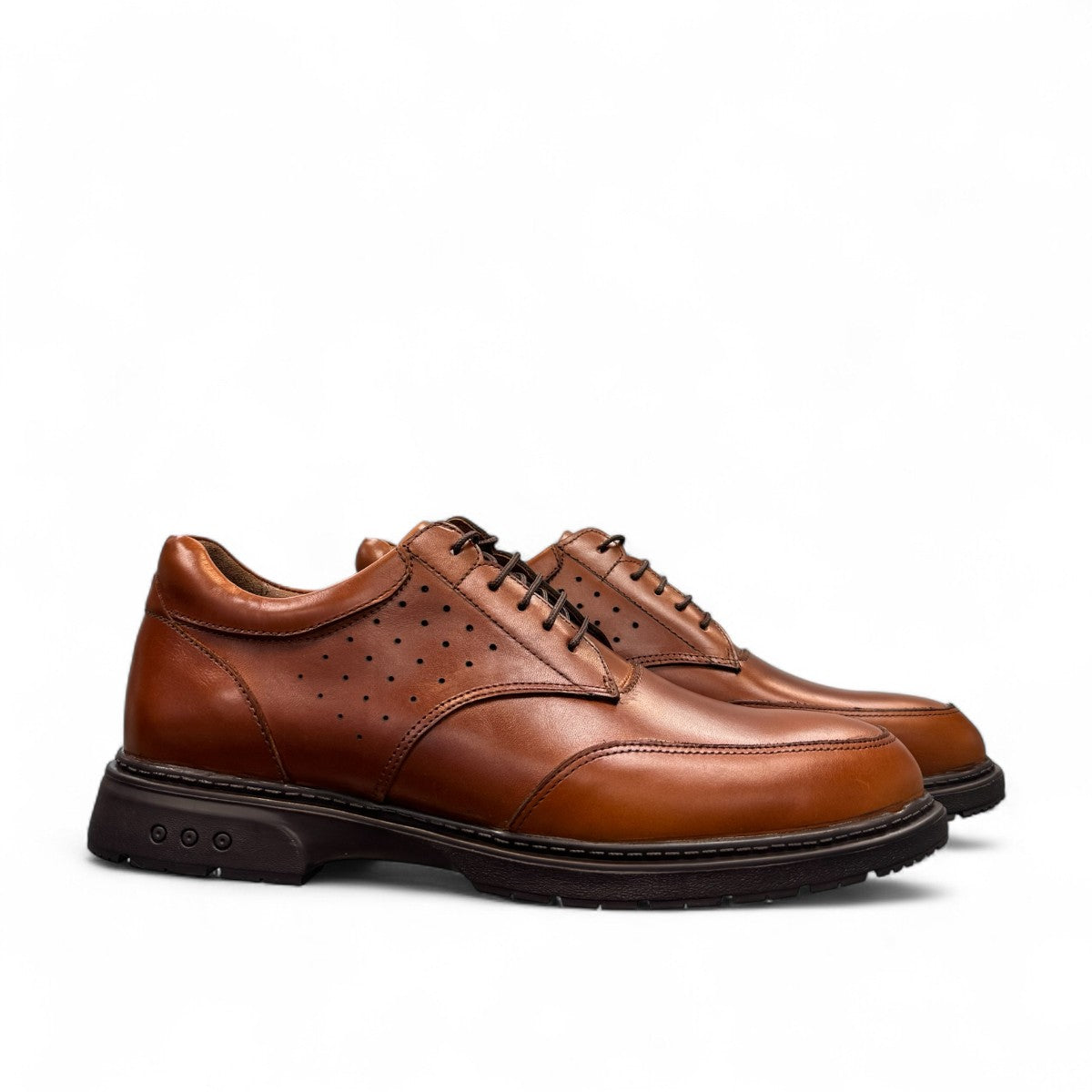 BORNA BORNA brown leather men's dress shoes with perforated side detailing and a durable rubber outsole. Photo of side views.