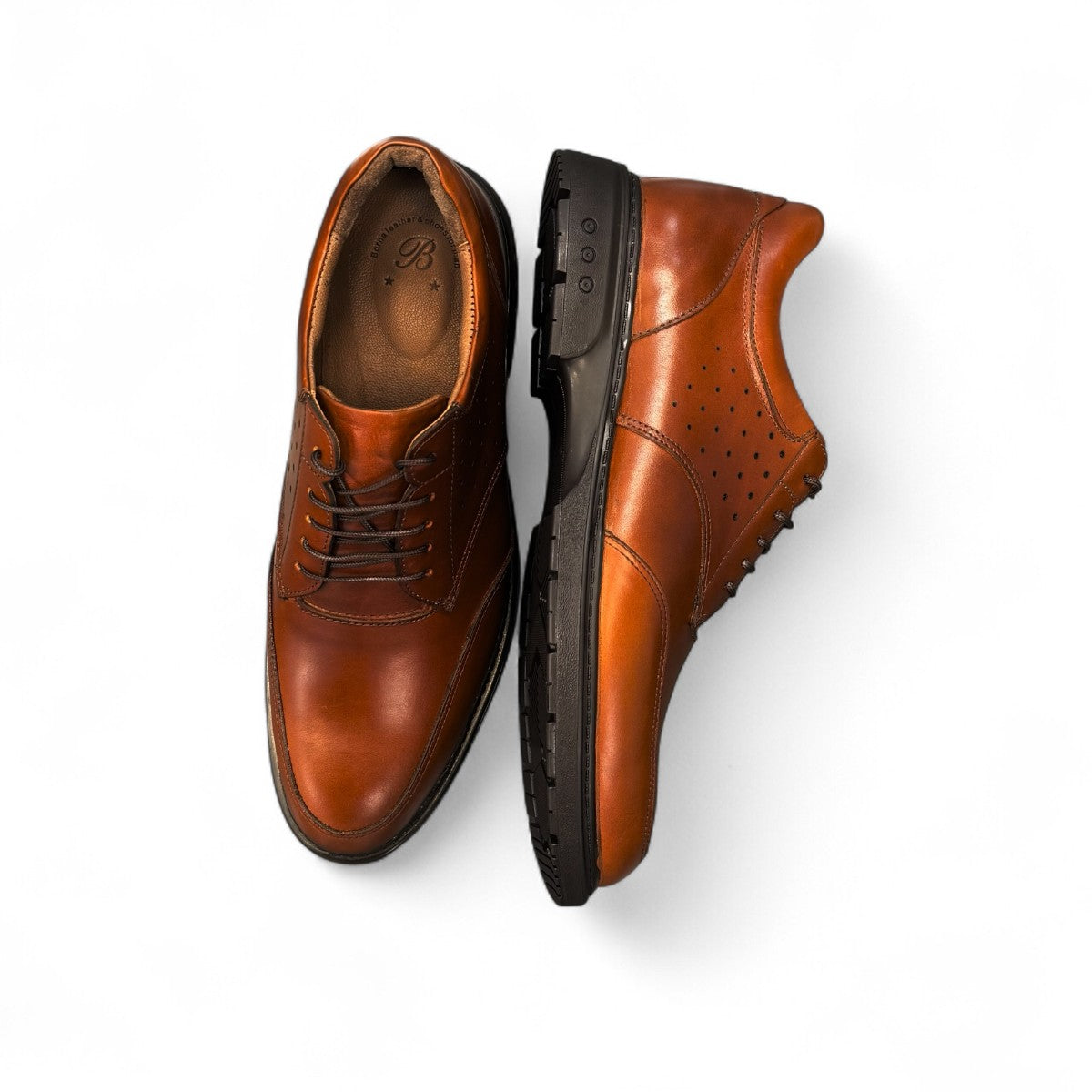 BORNA BORNA brown leather men's dress shoes with perforated side detailing and a durable rubber outsole. Photo of upper view.