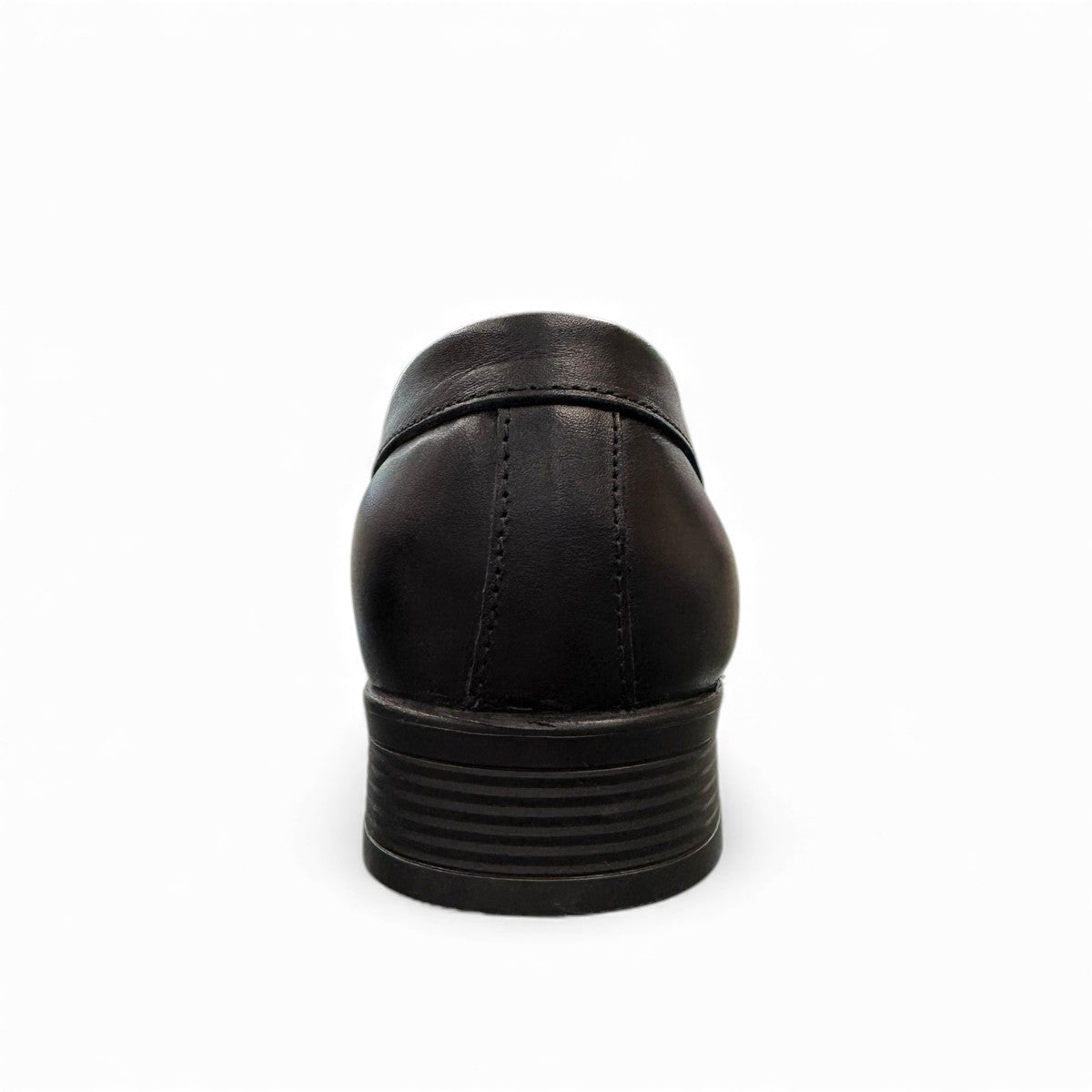 Borna Darakeh black leather loafers for men with a durable rubber outsole and sleek slip-on design. Photo of back view.