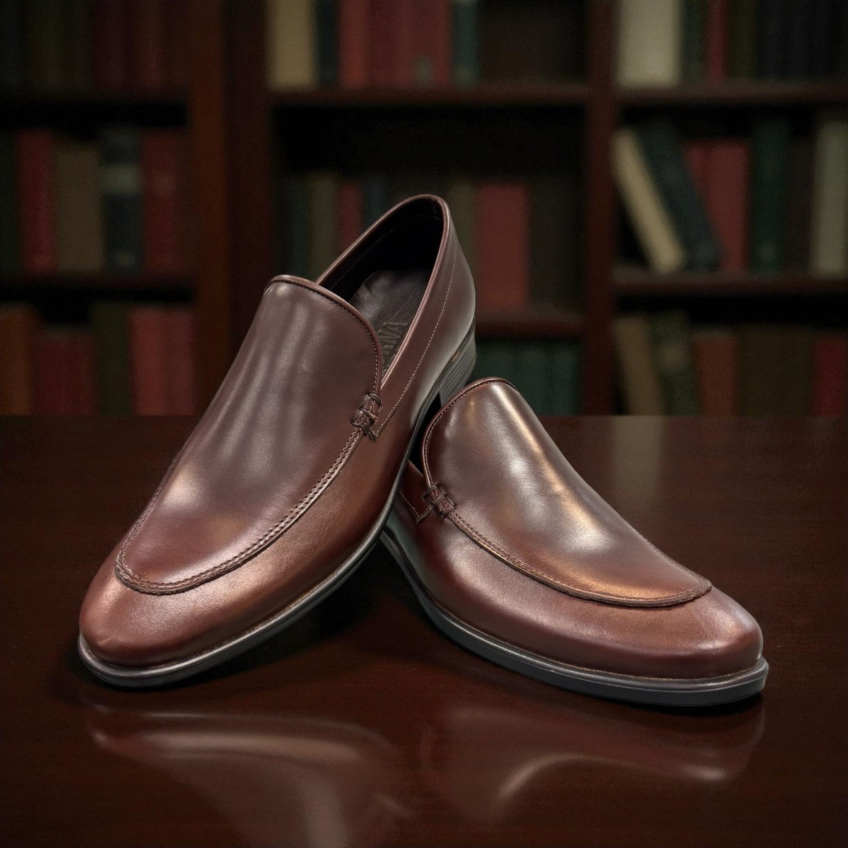 BORNA DARAKEH dark brown leather loafers for men with a durable rubber outsole and sleek slip-on design. Photo of upper view.