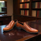 Borna Darakeh light brown leather loafers with a sleek profile and durable rubber outsole. Photo of front side view 1.